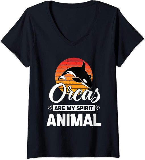 Womens Retro, Orcas Are My Spirit Animal Funny Orca Whale quote V-Neck T-Shirt